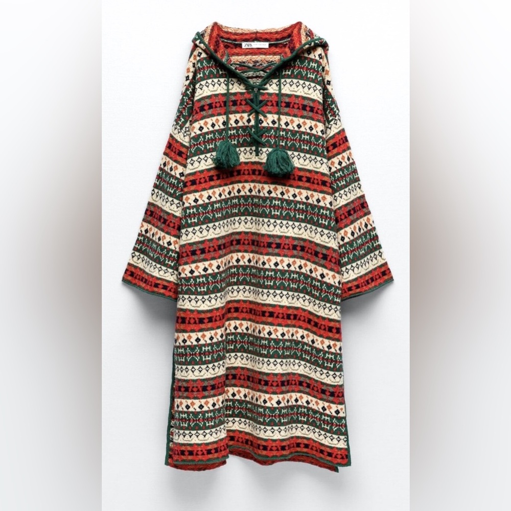 ZARA Nordic Colorful Hooded Poncho with Tassels - Picture 12 of 12